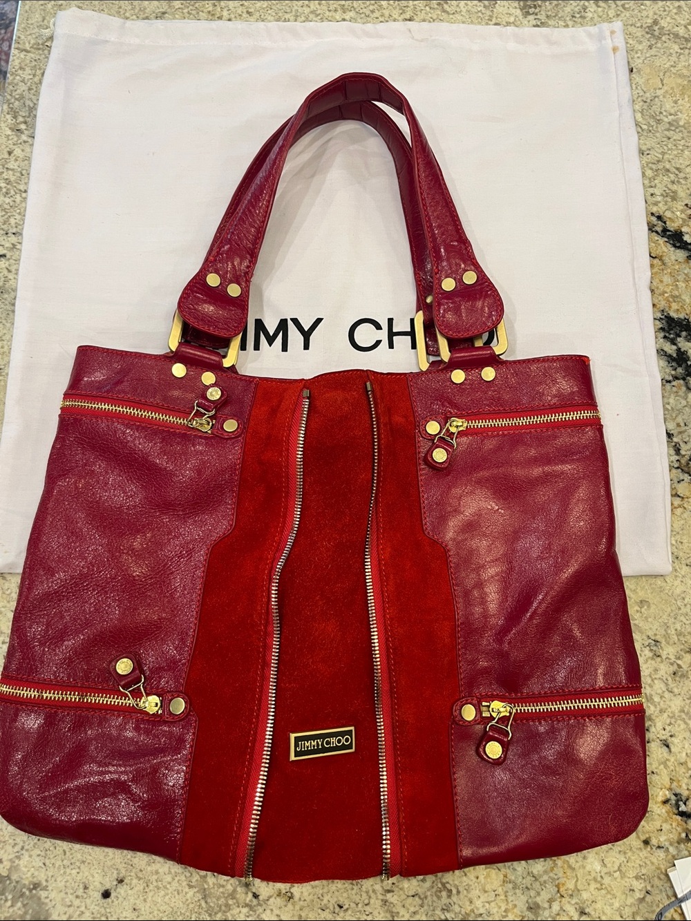 Jimmy Choo Red Leather and Suede Panel Tote